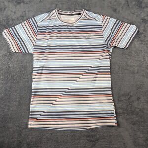 New Balance Mens Small Running Shirt Striped Blue Orange Recycled Polyester Tee